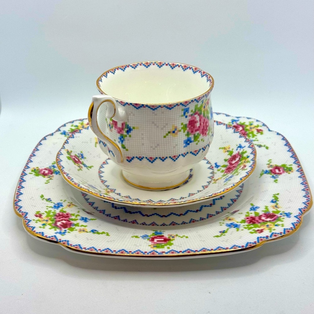 Vintage Royal Albert Petit Point Snack Set Needlepoint - Cup, Saucer & Plate